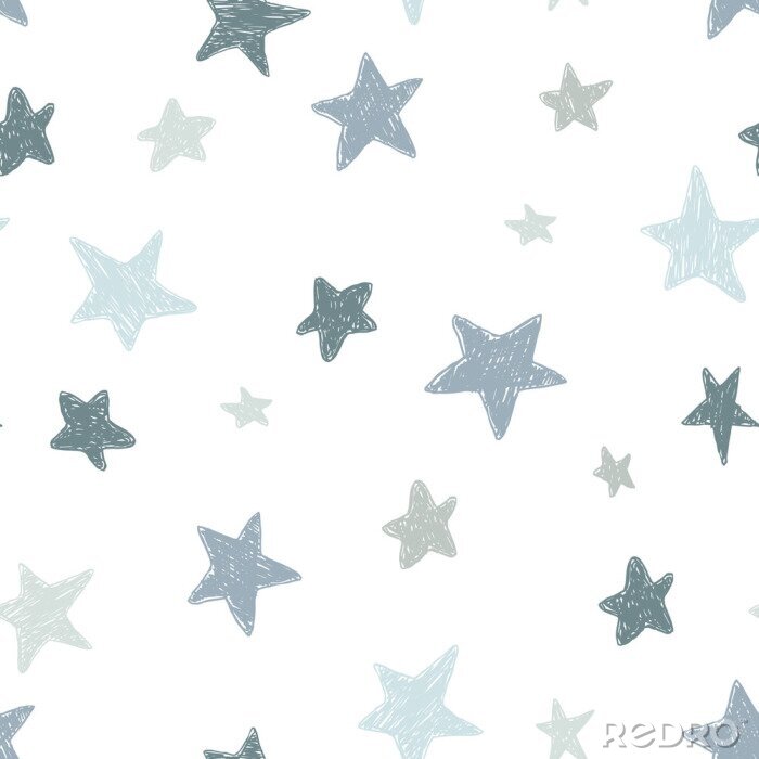 Behang Vector kids pattern with doodle textured stars. Vector seamless background, black, gray, white, scandinavian style
