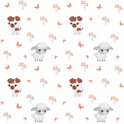 Behang Vector kleurrijke naadloze patroon met de afbeelding van boerderij dieren in cartoon stijl.