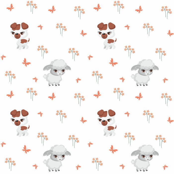 Behang Vector kleurrijke naadloze patroon met de afbeelding van boerderij dieren in cartoon stijl.