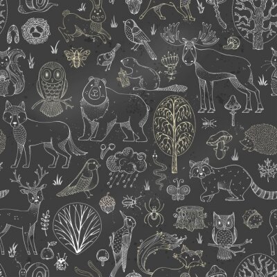 Behang Vector krijt bos naadloze patroon op schoolbord achtergrond.