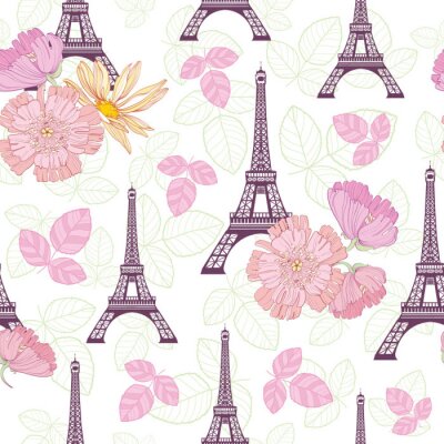 Vector lente paars roze eifeltoren Parijs en rozen bloemen naadloze terugkeerpatroon omgeven door st Valentijnsdag harten van liefde. Perfect voor ansichtkaarten met reisthema, wenskaarten, bruiloft