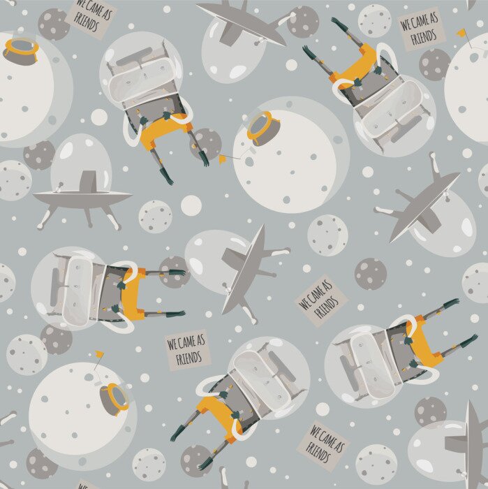 Behang Vector leuke naadloze afbeelding met mooie vreemdelingen, ruimteschip en kleine planeet. Grijs en gele kleuren. Kind kinderachtig patroon, goed voor creatieve inpakpapier design.