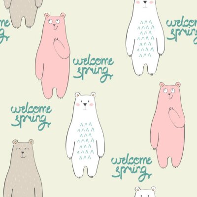 Behang Vector leuke naadloze patroon met cartoon beer. Welkom lente.