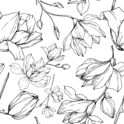Behang Vector Magnolia floral botanical flowers. Black and white engraved ink art. Seamless background pattern.
