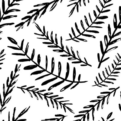 Vector naadloos bladerenpatroon. Zwart witte achtergrond gemaakt met waterverf, inkt en markering. Trendy Scandinavisch ontwerp
