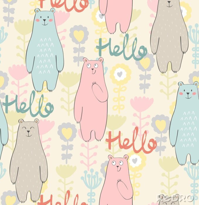 Behang Vector naadloos patroon met beer en bloemen