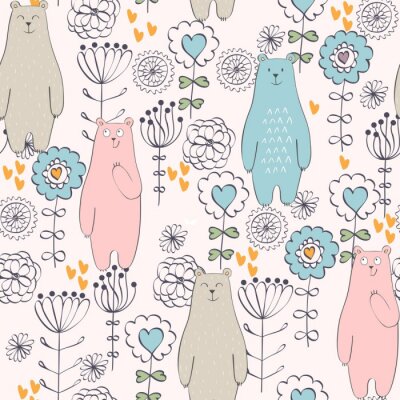 Behang Vector naadloos patroon met beer en bloemen