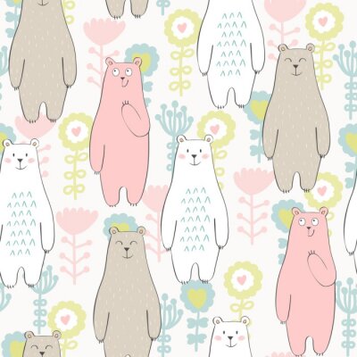 Behang Vector naadloos patroon met beer en bloemen