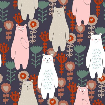 Behang Vector naadloos patroon met beer en bloemen