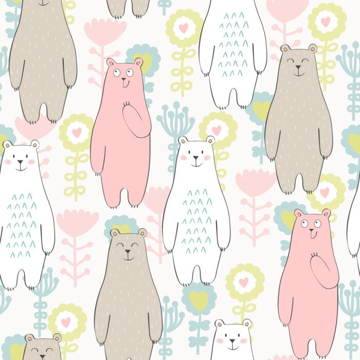 Behang Vector naadloos patroon met beer en bloemen