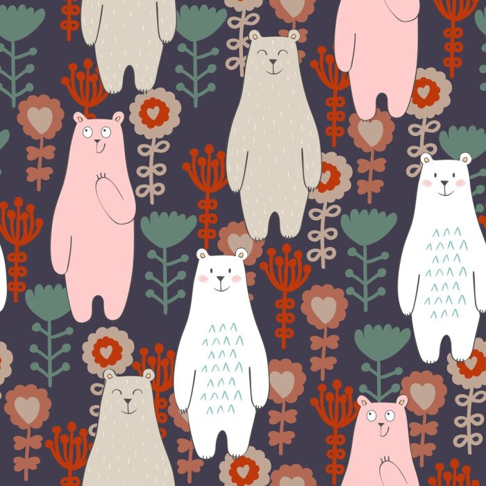 Behang Vector naadloos patroon met beer en bloemen