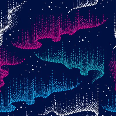 Behang Vector naadloos patroon met gestippelde wervelingen van kleuren noordelijk of polair licht in blauw, roze en wit op de donkere achtergrond. Aurora borealis lichten in dotwork-stijl voor ruimte en ontw