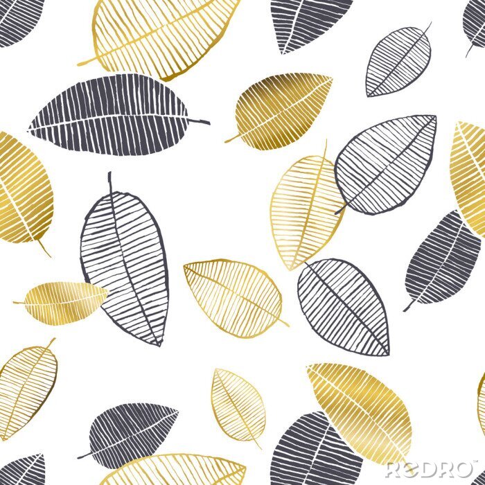 Behang Vector naadloos patroon met hand getrokken gouden, zwarte, witte waterverf en inktbladeren. Trendy Scandinavisch ontwerp