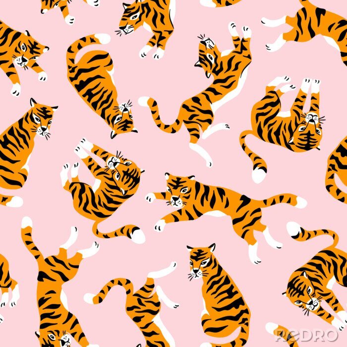 Behang Vector naadloos patroon met leuke tijgers op de roze achtergrond. Circus dierenshow. Modieus stoffenontwerp.
