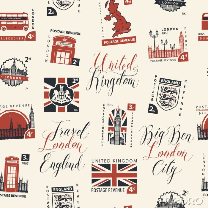 Behang Vector naadloos patroon met postzegels en met de hand geschreven inschrijvingen op het UK en het thema van Londen in retro stijl op lichte achtergrond. Kan worden gebruikt als achtergrond of inpakpapi