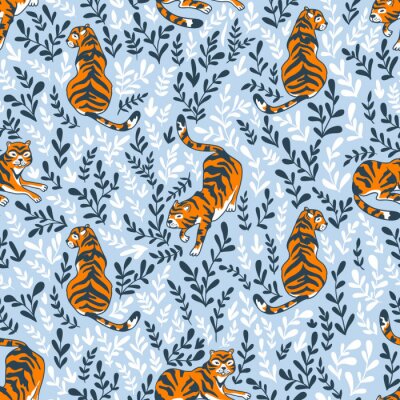 Behang Vector naadloos patroon met tijgers die op de bloemenachtergrond worden geïsoleerd. Dierlijke achtergrond voor stof of behang boho ontwerp.