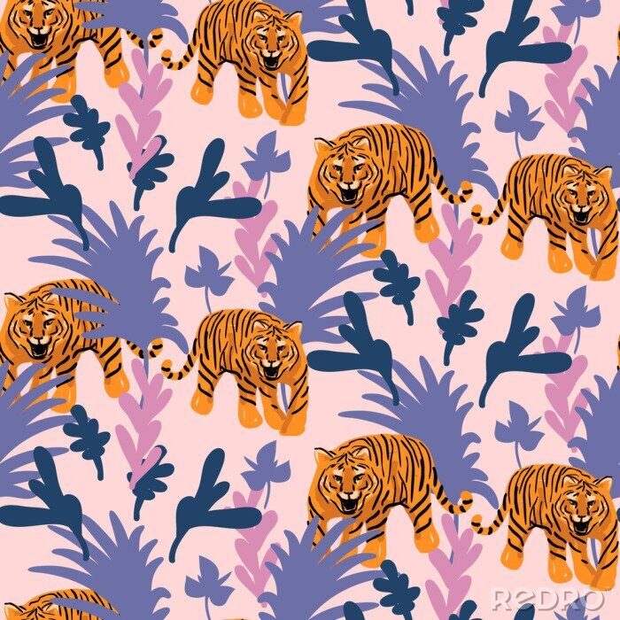 Behang Vector naadloos patroon met tijgers in de wildernis. Tropische roze en paarse achtergrond voor stof- en behangafdrukken. Brullende wilde kat in bos.