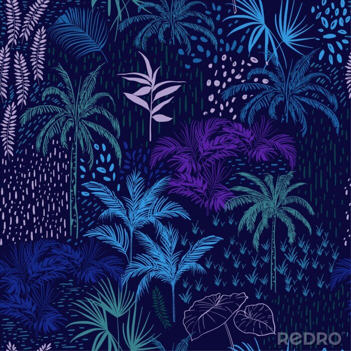 Behang Vector naadloos patroon van monotoon blauw bos voor de zomer tropische die drukken met kleurrijk worden gemengd