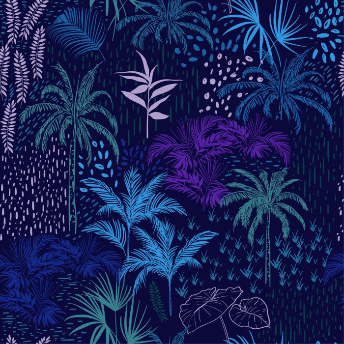 Behang Vector naadloos patroon van monotoon blauw bos voor de zomer tropische die drukken met kleurrijk worden gemengd