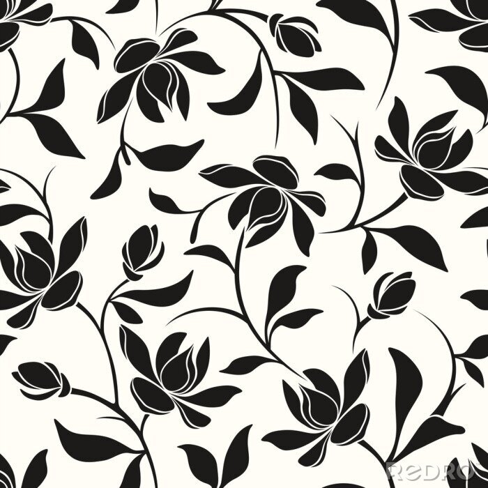 Behang Vector naadloos zwart-wit bloemmotief met magnolia bloemen en bladeren.