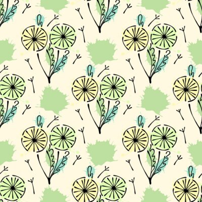 Behang Vector naadloze bloemmotief met bloemen, bladeren, decoratieve elementen, splash, vlekken, drop hand getekende contourlijnen en beroertes Doodle schets stijl, grafisch vectortekenprogramma illustratie