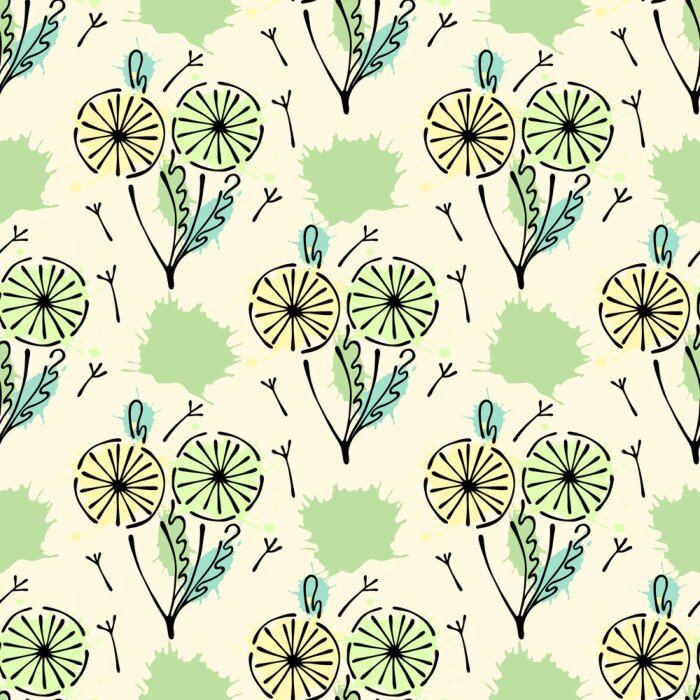 Behang Vector naadloze bloemmotief met bloemen, bladeren, decoratieve elementen, splash, vlekken, drop hand getekende contourlijnen en beroertes Doodle schets stijl, grafisch vectortekenprogramma illustratie