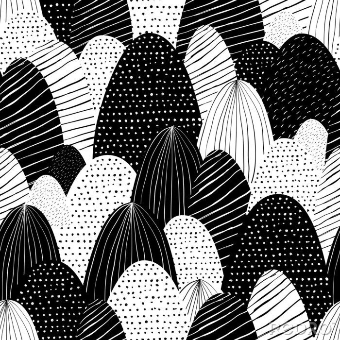 Behang Vector naadloze krabbelachtergrond met abstracte geweven bergen. Creatieve natuur illustratie. Hand getekend zwart wit landschap.