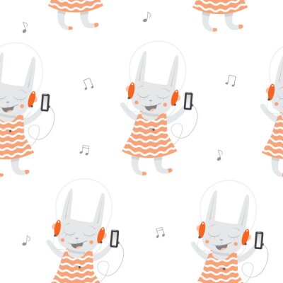 Behang Vector naadloze patroon met cartoon konijnen luisteren naar muziek op een witte achtergrond.