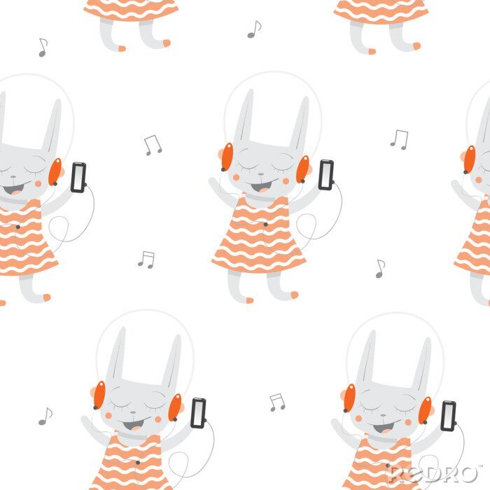 Behang Vector naadloze patroon met cartoon konijnen luisteren naar muziek op een witte achtergrond.