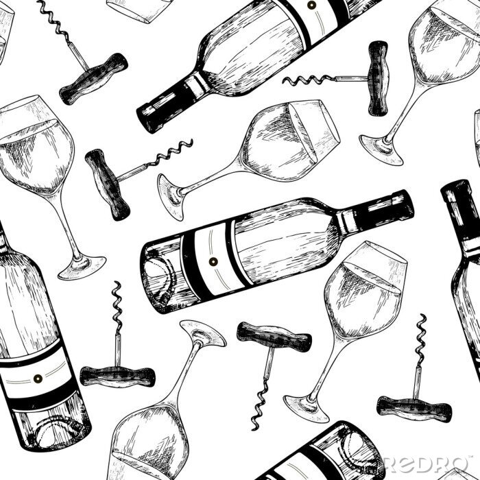 Behang Vector naadloze patroon van witte wijn. Handgetekende gegraveerde voorwerpen. Wijnfles, glas en kurkentrekker.