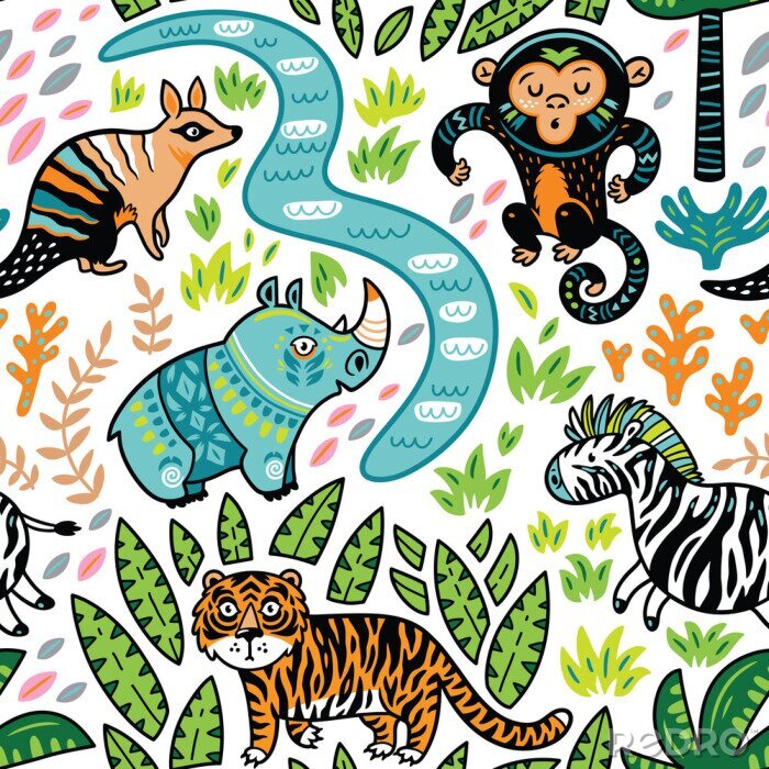 Behang Vector naadloze tropische patroon met decoratieve dieren karakters