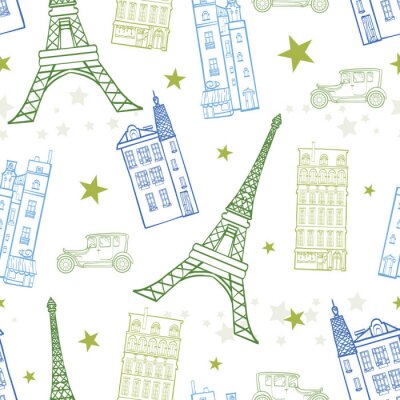 Behang Vector Paris Streets blauwgroene tekening Naadloos Patroon met Eiffel Tower, huizen, auto's en sterren. Perfect voor op reis themed design producten, tassen, accessoires, tassen, kleding.