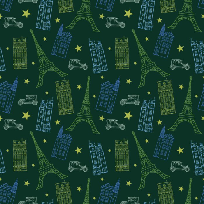 Behang Vector Paris Streets Dark Green Drawing Naadloos Patroon met Eifel Tower, huizen, auto's en sterren. Perfect voor op reis themed design producten.