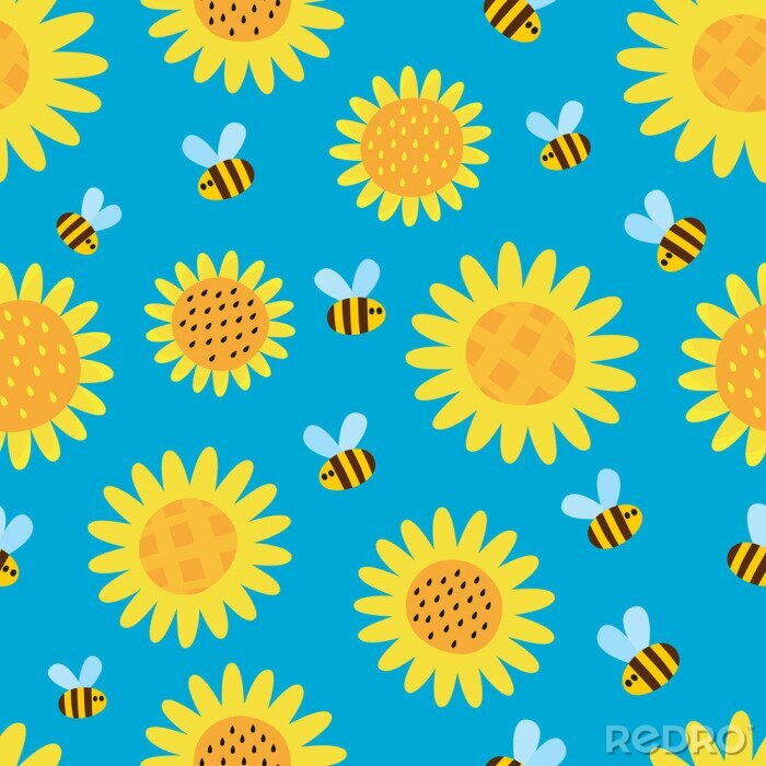 Behang Vector pattern with flying cartoon bees isolated on blue background