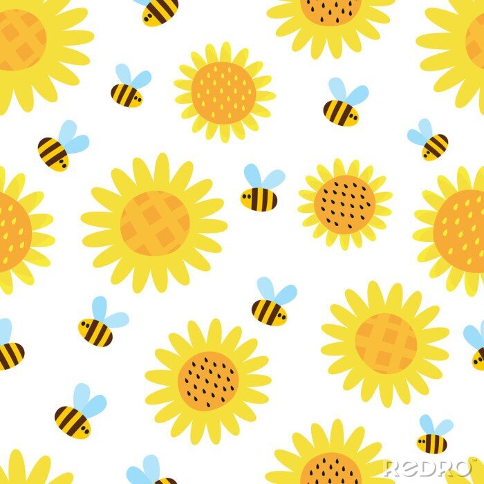 Behang Vector pattern with flying cartoon bees isolated on white