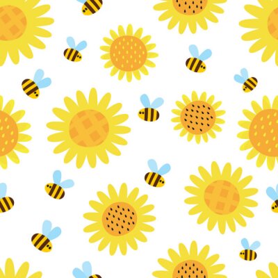 Behang Vector pattern with flying cartoon bees isolated on white