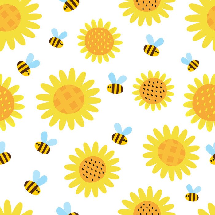 Behang Vector pattern with flying cartoon bees isolated on white