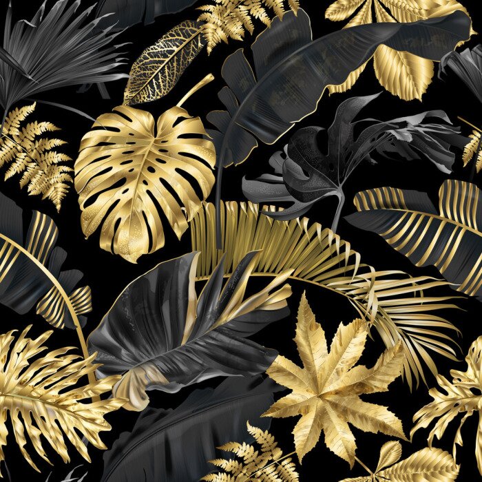 Behang Vector pattern with gold black tropical leaves