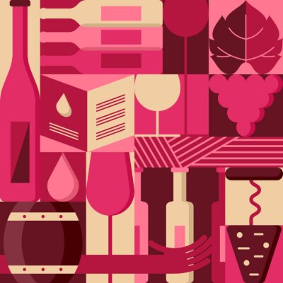 Vector platte geometrisch ontwerpelementen voor wijnkaart, label, verpakking, bar of restaurant menu. Kleurrijke achtergrond met wijnflessen, glas, wijnstok. Trendy blokkerende illustratie.