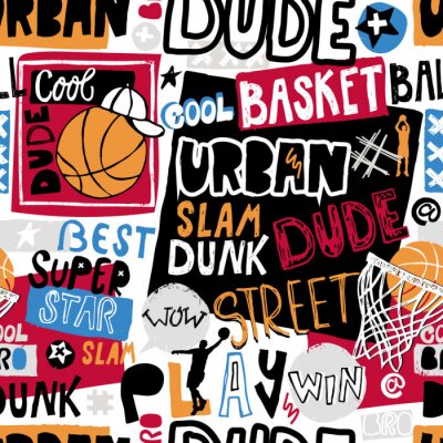 Behang Vector schets basketbal naadloze patroon voor jongens, cool kerel, stedelijke bro. Hand-tekening belettering, slogan. Print grunge ontwerp voor T-shirts, banners, flyers, kinderfeestjes, kleding, soci