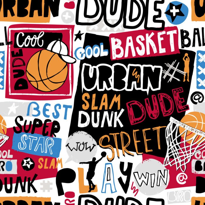 Behang Vector schets basketbal naadloze patroon voor jongens, cool kerel, stedelijke bro. Hand-tekening belettering, slogan. Print grunge ontwerp voor T-shirts, banners, flyers, kinderfeestjes, kleding, soci