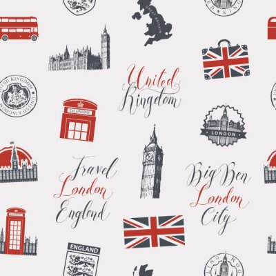 Behang Vector seamless Background on UK and London theme with inscriptions, British symbols, architectural landmarks and flag of the United Kingdom in retro style. Can be used as wallpaper or wrapping paper