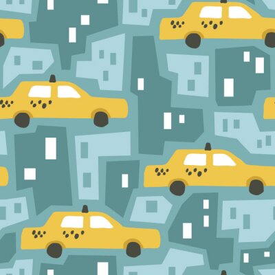 Behang vector seamless background pattern with funny yellow taxi cab and scandinavian abstract houses for fabric, textile