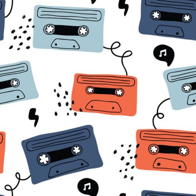 Behang vector seamless background pattern with retro audio cassette with rock music for fabric, textile,wallpaper,wrapping paper, notebook covers,background