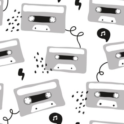 Behang vector seamless background pattern with retro audio cassette with rock music for fabric, textile,wallpaper,wrapping paper, notebook covers,background