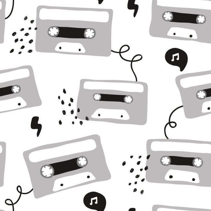 Behang vector seamless background pattern with retro audio cassette with rock music for fabric, textile,wallpaper,wrapping paper, notebook covers,background