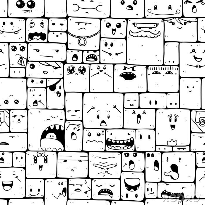 Behang Vector seamless black and white pattern with crazy doodle characters.