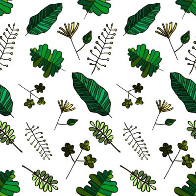 Behang Vector Seamless Herbal Illustratie met de verschillende artistieke soorten groene bladeren op de witte achtergrond