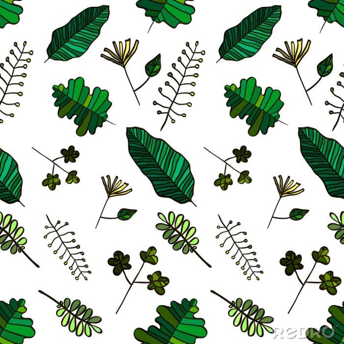 Behang Vector Seamless Herbal Illustratie met de verschillende artistieke soorten groene bladeren op de witte achtergrond