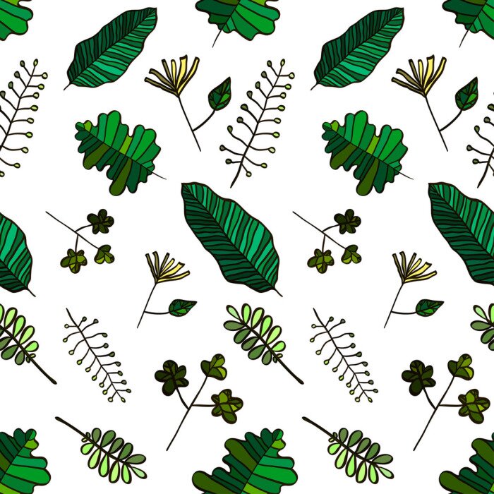 Behang Vector Seamless Herbal Illustratie met de verschillende artistieke soorten groene bladeren op de witte achtergrond